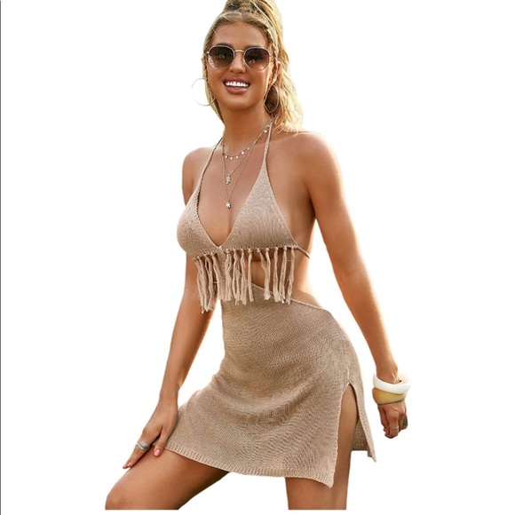 🎉Last One!New Halter V Neck Knitted Tassel Swimsuit Bikini Cover Up Beach Dress - Picture 7 of 7